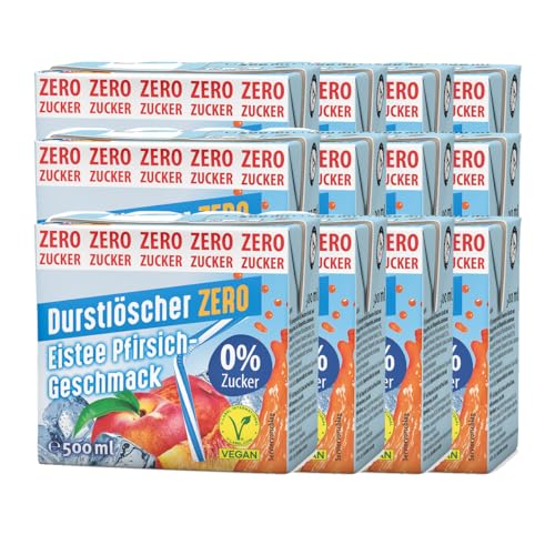 Durstlöscher Eistee Pfirsich ZERO: Zuckerfreies Erfrischungsgetränk mit Tee-Extrakt & Pfirsichgeschmack, Pfandfreies Trinkpäckchen, Vegan, Ohne Kohlensäure, Ideal Für Unterwegs & Zuhause, 12 x 500 ml von Durstlöscher