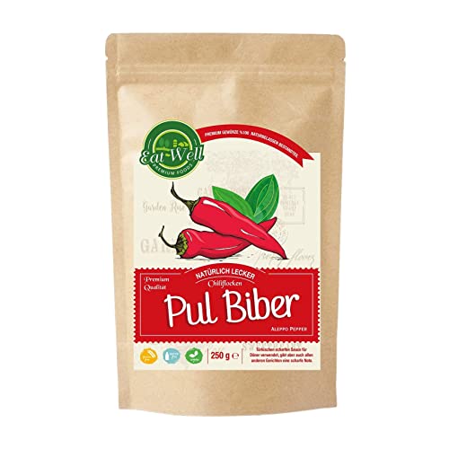 Eat Well Aleppo Pepper Gewürz - 250 g | Türkische Chili Flocken | Zerstoßene nahöstliche Chili| Pul Biber Gewürz | Halaby Maras Mittel Scharf |Natürliche Gewürze im Wiederverschließbarem Aromabeutel von EAT WELL PREMIUM FOODS