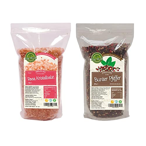 Eat Well Pfefferkornmischung Ganz & Himalaya Salz Grob | Premium Bunter Pfeffer 500 g & Natürliches Grobkörniges Himalaya-Salz 1 kg Set | Frisch Verpackt & Wiederverschließbar | Aus Punjab, Pakistan von EAT WELL PREMIUM FOODS