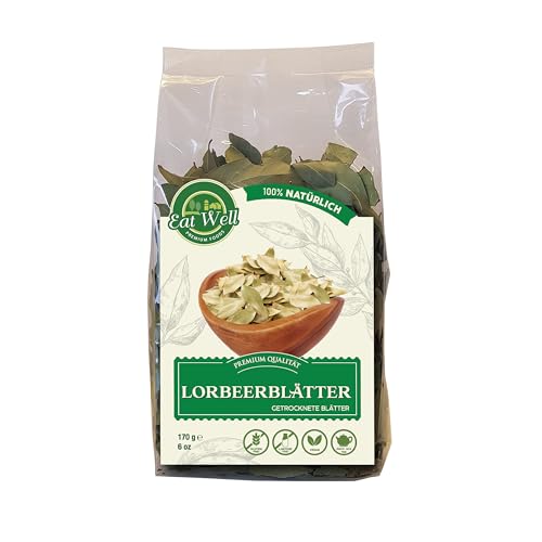 Eat Well Türkische Lorbeerblätter Ganz - 170 g | Getrocknete Kräuter der Lorbeerpflanze | 100% Getrocknetes Lorbeerblatt | Essbarer Lorbeer zum Schmoren & Kochen von EAT WELL PREMIUM FOODS