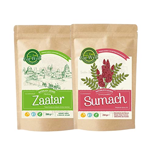 Eat Well Zaatar & Sumach Gewürz | Gemahlene Sumachbeeren 250 g und Zatar Gewürzmischung 250 g | Grill Gewürze zum Kochen| 100% Natürlich und Vegan | Wiederverschließbarer Aromabeutel von EAT WELL PREMIUM FOODS