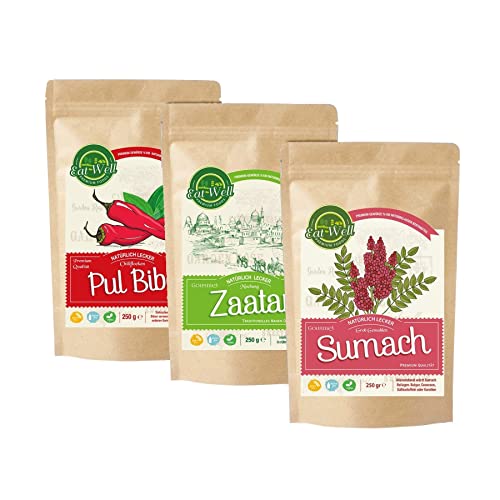 Eat Well Pul Biber, Zaatar & Sumach Gewürz - je 250 g | Chiliflocken, Gemahlene Sumachbeeren und Zatar Gewürzmischung zum Kochen | Gewürze aus dem Nahen Osten | Wiederverschließbarer Aromabeutel von EAT WELL PREMIUM FOODS