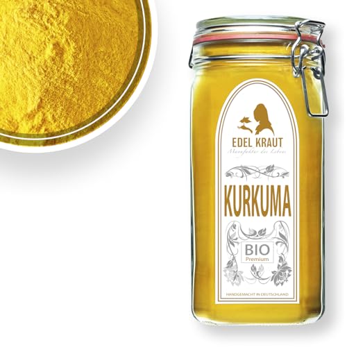 KURKUMA PULVER BIO | EDEL KRAUT 100% reines BIO Curcuma Pulver im Premium Glas - für Smoothies, Goldene Milch, Pasten, Kurkuma Bio Latte u.v.m - 750g turmeric powder von EDEL KRAUT Manufaktur des Lebens