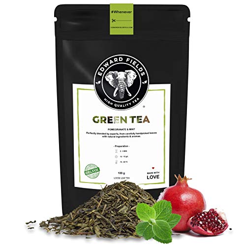 Edward Fields Tea ® - Großer Bio-Grüntee mit Granatapfel und Minze. Handgepflückter Bio-Tee mit Ingwer, Kurkuma und natürlichen und biologischen Zutaten und Aromen, 100g, China. von EDWARD FIELDS HIGH QUALITY TEA