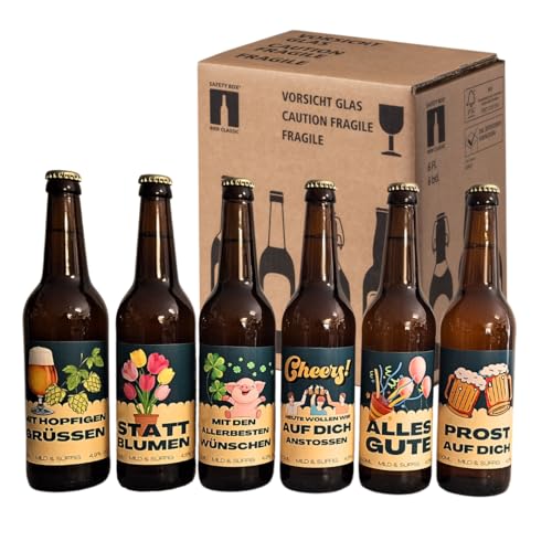 Geschenk für Männer und Frauen Bierpaket ALLES GUTE Geburtstag Jubiläum 6 Flaschen mit individuellen Etiketten, Vollbier, mild und süffig von ELBSCHLUCK