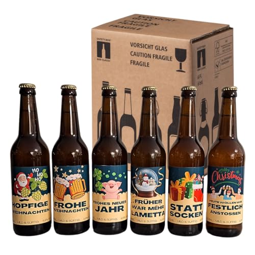 Geschenk für Männer Frauen Weihnachten Christmas Advent Nikolaus Bierpaket 6 x 500 ml Flaschen mit lustigen Sprüchen, Mild & Süffig inkl. Pfand von ELBSCHLUCK