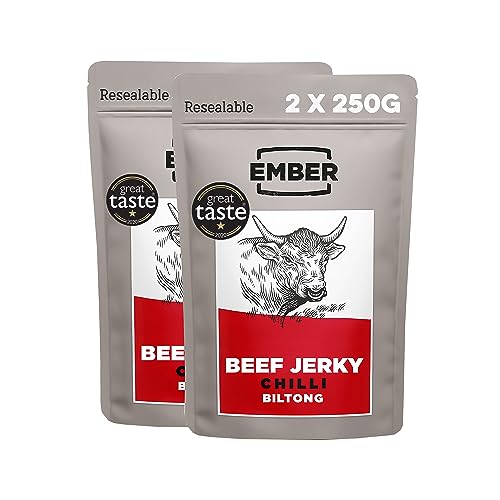 Ember Snacks - Biltong-Snack (2x250g Chilli) aus britischem und irischem Rindfleisch - hoher Eiweißgehalt - von EMBER