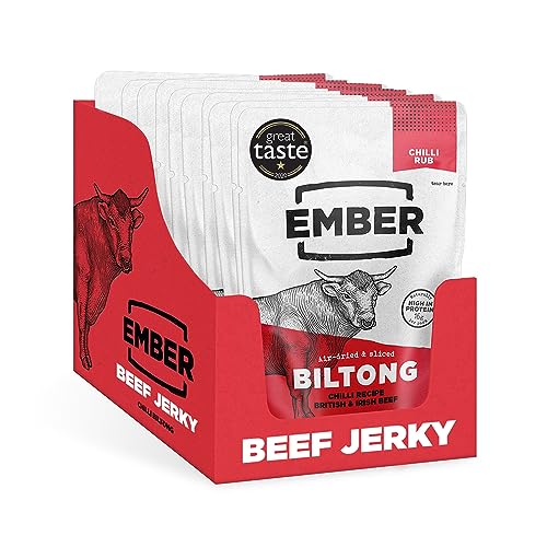 Ember Snacks – Biltong Beef Jerky (25g x 10 chilli) Proteinreich, kalorienarm. Fettarmer, Snack für unterwegs, hergestellt aus britischem und irischem Rindfleisch von EMBER