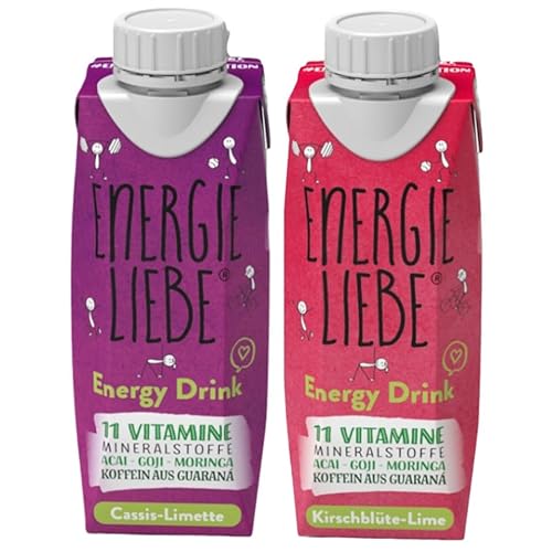 Energieliebe - 24er Mix Fruchtiger Energy Drink 2x12er Pack (Kirschblüte-Lime, Cassis-Limette) Sportgetränk und Vitamingetränk ohne Zucker-Zusatz Vegan mit 11 Vitamine, 2 Mineralstoffe, 4 Superfoods von ENERGIE LIEBE