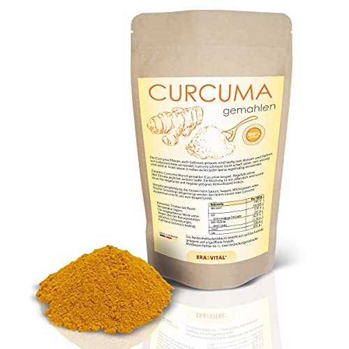 Kurkuma (Curcuma) 100 g Wurzelpulver in einem praktischen, wiederverschließbaren Standbeutel, aus 100% recycelbarem Material von ERASVITAL