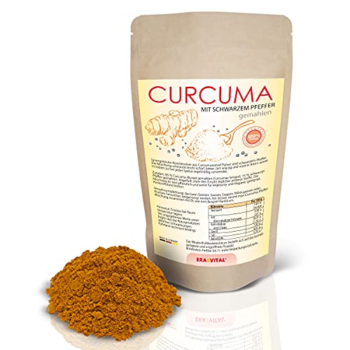 Kurkuma (Curcuma) mit schwarzem Pfefferpulver 100 g - gentechnikfrei glutenfrei vegan vegetarisch allergiefreundlich, wiederverschließbaren Standbeutel, aus 100% recycelbarem Material von ERASVITAL