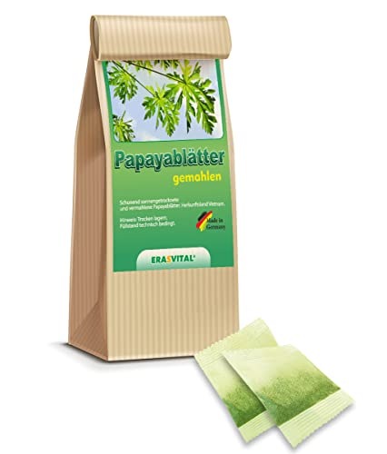 Papaya-Blätter und Papaya-Stängel gemahlen und portioniert im Filterbeutel ohne weitere Zusatzstoffe im 60 Portionsbeuteln von ERASVITAL