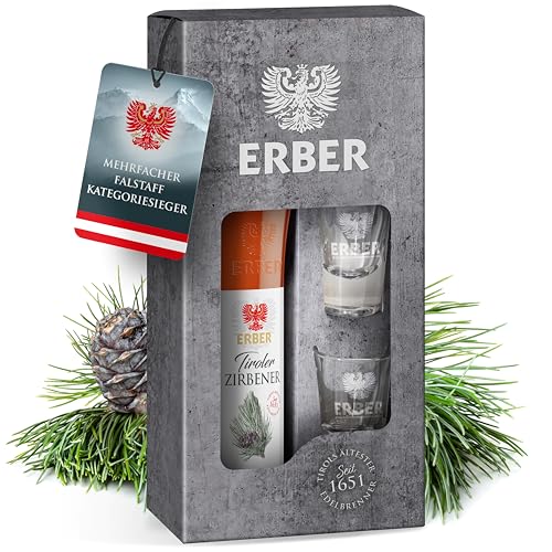 ERBER Tiroler Zirbener 30% vol. 0,5lt [+2 Schnapsgläser] Zirbenschnaps für Genießer Geschmack der Alpen Zirbenzapfen naturrein Geschenke für Männer Geschenke für Frauen Schnaps Likör Männergeschenke von ERBER DER TIROLER EDELBRENNER