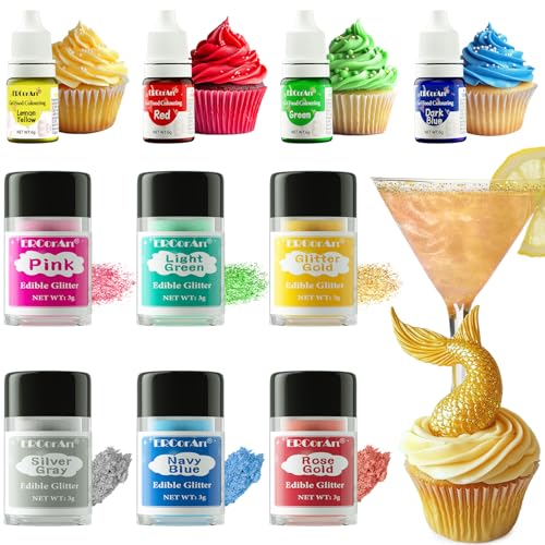 Essbares Glitzer Set- 6 Farben Glitzerpulver für Getränke, Edible Glitter mit 4 Farben Lebensmittelfarbe Gel, Lebensmittel Glitzer für Drinks, Cocktail, Fondant, Schokolade- 3 g von ERCorArt