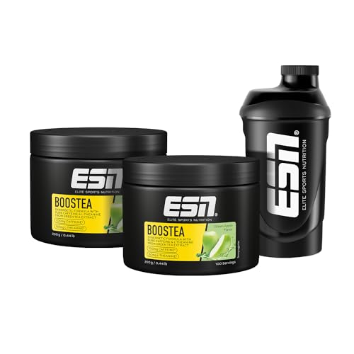 ESN Boostea + Gratis Shaker, Green Apple, 2 x 200 g, Booster mit Koffein, L-Theanin und Grüntee-Extrakt, vegan, geprüfte Qualität - made in Germany von ESN