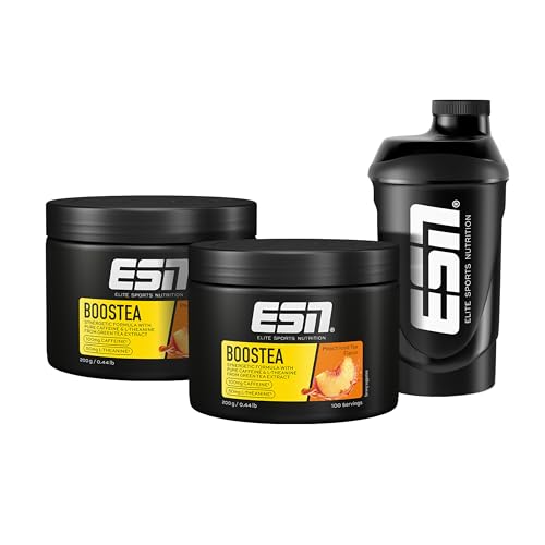 ESN Boostea + Gratis Shaker, Infused Ice Tea Peach, 2 x 200 g, Booster mit Koffein, L-Theanin und Grüntee-Extrakt, vegan, geprüfte Qualität - made in Germany von ESN