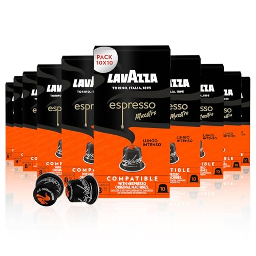 Lavazza, Espresso Maestro Lungo Intenso, 100 Aluminiumkapseln Kompatibel mit Nespresso Original Maschinen, Kakao & Karamellnoten, Arabica & Robusta, Intensität 8/13, dunkle Röstung von Lavazza