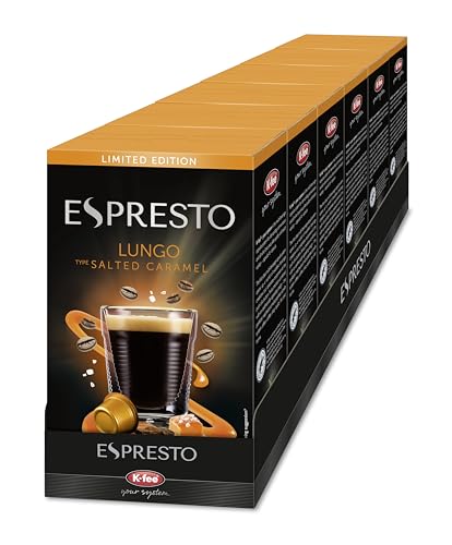 ESPRESTO Lungo Salted Caramel I Flavoured Kaffeekapseln I kompatibel mit K-fee & Aldi EXPRESSI* I RFA zertifiziert I 96 Kapseln von ESPRESTO