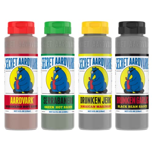 Secret Aardvark Hot Sauce Variety Pack - Serrabanero, Drunken Jerk, Drunken Garlic and Habanero Hot Sauce, Low Carb, Glutenfreie Hot Sauce & Marinade Geschenkset - 236.6 ml 4 Pack von ETRSAIRL