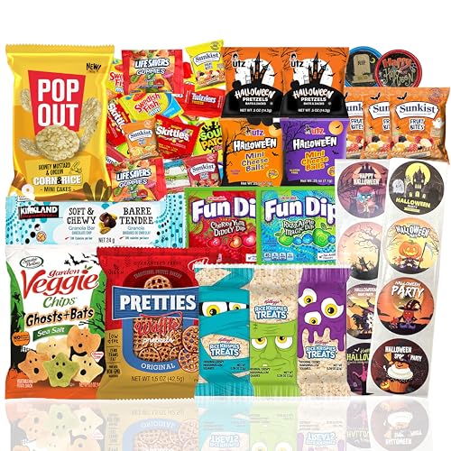 Halloween-Snack (48 Stück) mit gelbem Doseimer, Sortimentspackung, Kekse, Süßigkeiten-Pflegepaket für Kinder, Mädchen, Jungen, Studenten, Liebste, Süßes oder Saures von EVA'S GIFT UNIVERSE