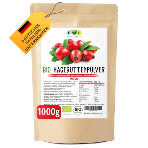 1kg Bio Hagebuttenpulver | Ganze gemahlene Hagebutte | Hagebuttenpulver aus kontrolliertem Anbau | Rohkostqualität | Kontrolliert und abgefüllt in Deutschland von EWL Naturprodukte