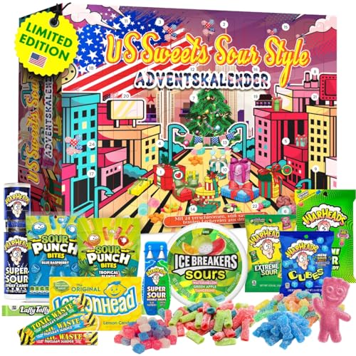 Amerikanische Süßigkeiten Adventskalender 2024, 24x US Sour Style, amerikanische Süßigkeiten Box zur Weihnachtszeit genießen von EWL Naturprodukte