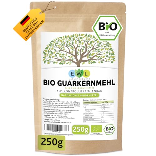 EWL Naturprodukte Guarkernmehl Bio 250g, Guarkernmehl für Eis, Guar Gum Vegan und Glutenfrei, Bindemittel E412 aus kontrolliertem Anbau von EWL Naturprodukte