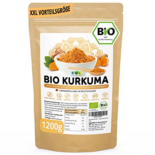 EWL Naturprodukte Bio Kurkuma Pulver 1200g extra XXL Bio-Vorteilspack Kurkuma Pulver Bio Kurkumapulver aus kontrolliert biologischem Anbau Abgefüllt + kontrolliert in Deutschland Curcuma Pulver von EWL Naturprodukte