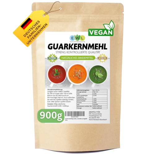 EWL Naturprodukte Guarkernmehl für Eis 900g, Guar Gum Vegan und Glutenfrei, Bindemittel E 412 3.500 cps, in Deutschland kontrolliert und abgefüllt von EWL Naturprodukte