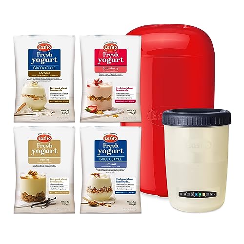 Roter EasiYo Joghurtbereiter (1kg) Starterset | Enthält 4 Beutel Naturjoghurt, Erdbeere, Vanille und Joghurt nach griechischer Art mit Kokosstückchen von EasiYo