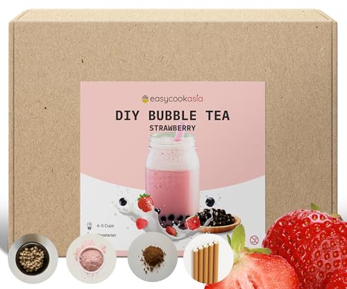 DIY Premium Bubble Tea Kit | Komplettes Set für 4-5 Tassen | Vegetarisch, Perfekt für jede Tageszeit | Einfache Zubereitung mit Bildanleitung (Strawberry) von EasyCookAsia