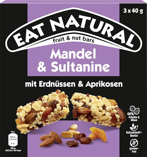 Eat Natural Frucht-und Nussriegel - Mandel und Sultanine mit Erdnüssen und Aprikosen - Glutenfreier Snack - optimal für unterwegs - 3x40 g von Eat Natural