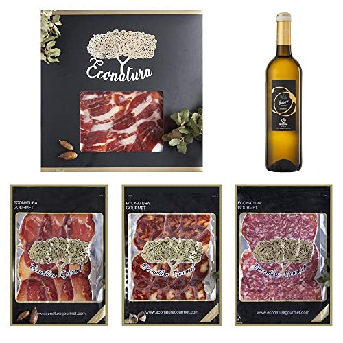 Gourmet Korb zum Verschenken. Iberischer Cebo-Schinken, iberischer Salchichón, iberische Chorizo, iberische Lende, Verdejo-Weißwein. Gourmet-Geschenkkorb mit Wein. Gourmet Box. Geschenk Korb. von Econatura gourmet