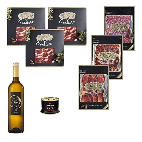 Gourmetkorb zum Verschenken. Iberischer Schinken aus Eichelmast, iberische Wurst, iberische Chorizo, iberische Lende, Entenpastete und Verdejo-Weißwein. Gourmet-Geschenkkorb mit Wein. Gourmet Box. von Econatura gourmet