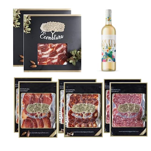 Präsentkorb. Gourmet-Geschenkkorb. Iberischer Schinken aus Eichelmast, iberischer Salchichón, iberische Chorizo, iberische Lende, Verdejo-Weißwein. Gourmet-Geschenkkorb mit Wein. Geschenkkorb gefüllt. von Econatura gourmet