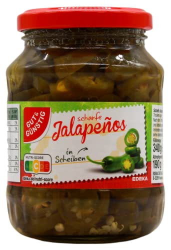 Gut & Günstig scharfe Jalapenos in Scheiben, 6er Pack (6 x 190g) von Edeka