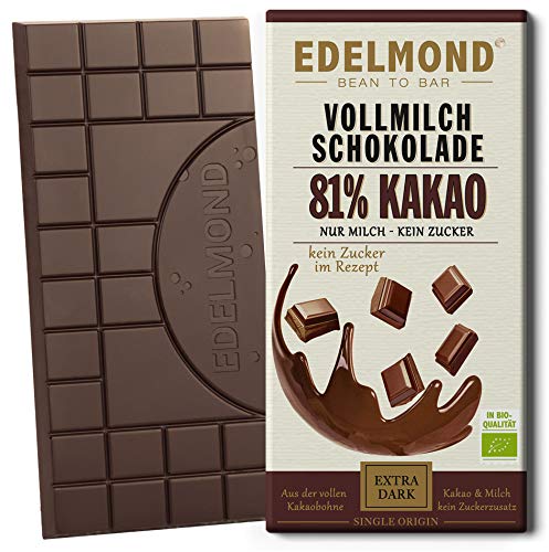 81% Kakaoanteil Milchschokolade ohne Zuckerzusatz/Low Cadmium Grand Cru Kakaobohnen/Bio 1Tafel, 75g von Edelmond