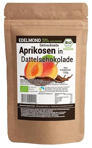 Aprikose in Dattel-Schokolade. Bio von Edelmond. Trocken-Frucht mit 100% Kakaoüberzug ohne zusätzlichen Kristallzucker. Nur Kakao, Aprikose, Dattel von Edelmond