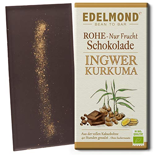 Ingwer und Kurkuma Bio Schokolade. Rohkakao ohne zugesetzten Kristallzucker - Nur Frucht Süße/Edelmond Laktosefrei, Vegan & Fair-Trade Kakao (1 Tafel) von Edelmond