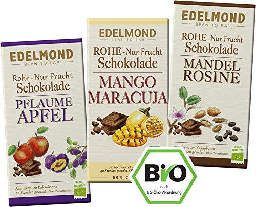 Edelmond 3er Schokoladen Box. Rohkost Früchte ohne zugesetzten Zucker. Bio fair trade Kakaobohnen. Zartbitter (3 Tafeln) von Edelmond