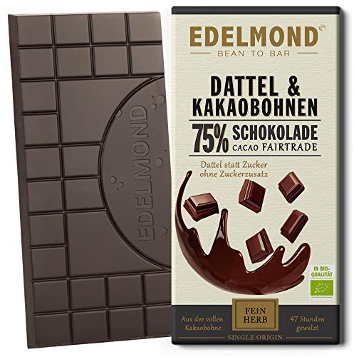 Edelmond Bio 75% Dattel-Schokolade aus Kakaobohnen gewalzt. Süße durch Datteln, ohne weiteren Zuckerzusatz. Single Origin Kakao, Bio, Fair Trade. (75g, 1 Tafel) von Edelmond