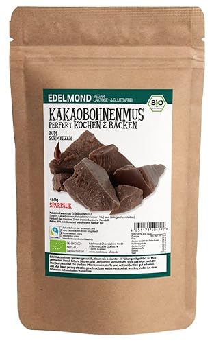 Edelmond Bio Kakaobohnen Mus cremig zum Backen mit Schokolade. Vegane Kuvertüre fast ohne Zucker, hochwertiger als Kakaomasse (450g) von Edelmond