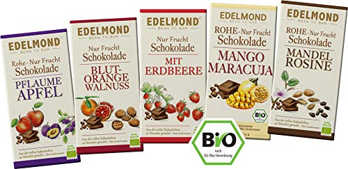 Edelmond Bio: 5 Tafeln purer Schokoladengenuss, nur gesüßt durch die Kraft der Frucht. Vegan, gluten- und laktosefrei – ein etwas herber Genuss ohne raffinierten Zucker. (5 Tafeln) von Edelmond