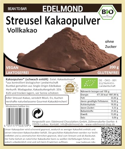 Edelmond Streusel Kakaopulver, Bio rustikale Kakaokörnchen, 200g - Zum Streuen & Dekorieren - Intensiver Kakao Geschmack für Müsli von Edelmond