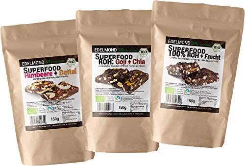 Edelmond Vegan Superfood 3er Set. Walnuss, Himbeere, Popp-Reis Bruch Schokolade. Trockenfrüchte im Riegel. 450 g von Edelmond