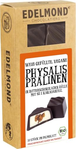 Handgemachte 10 Physalis Pralinen weiß vegan gefüllt. Ein Bio Geschenk im Palmblatt. Gefüllte Schokolade von Edelmond (10er Schale, Physalis Pralinen) von Edelmond