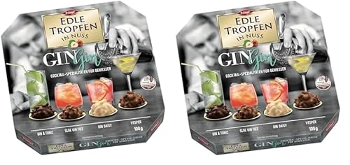 Edle Tropfen in Nuss Gin Gin 100g, flüssig gefüllte Schokoladenpralinen mit Milchschokoladen-Überzug und knackigen Haselnuss-Splittern (Packung mit 2) von Edle Tropfen in Nuss