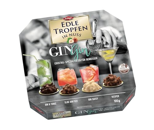 Edle Tropfen in Nuss Gin Gin 100g, flüssig gefüllte Schokoladenpralinen mit Milchschokoladen-Überzug und knackigen Haselnuss-Splittern von Edle Tropfen in Nuss