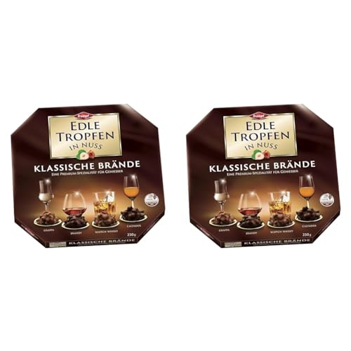 Edle Tropfen in Nuss Klassische Brände 250g, flüssig gefüllte Schokoladenpralinen mit Milchschokoladen-Überzug und knackigen Haselnuss-Splittern (Packung mit 2) von Edle Tropfen in Nuss