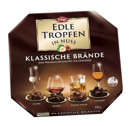 Edle Tropfen in Nuss Klassische Brände 250g, flüssig gefüllte Schokoladenpralinen mit Milchschokoladen-Überzug und knackigen Haselnuss-Splittern von Edle Tropfen in Nuss